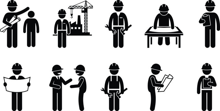Construction worker icon set showing engineers planners inspectors and laborers with tools blueprints meetings and site activities isolated on white background vector