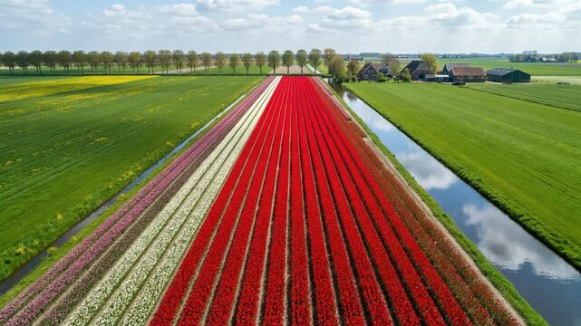 Aerial view of vibrant red and white tulip fields in full bloom, stretching towards the horizon under a bright sky.