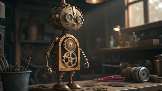 Steampunk Robot Standing Still in Workshop with Gears and Tools Cinematic Motion