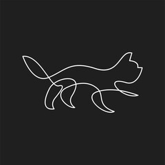 Obraz premium Minimalist Continuous Line Art of a Walking Cat. Simple White Outline Design on Black Background.
