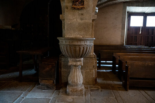 Interior of a church with stone features.. Parish Church of Our Lady of the Assumption in La Alberca, Salamanca, Spain