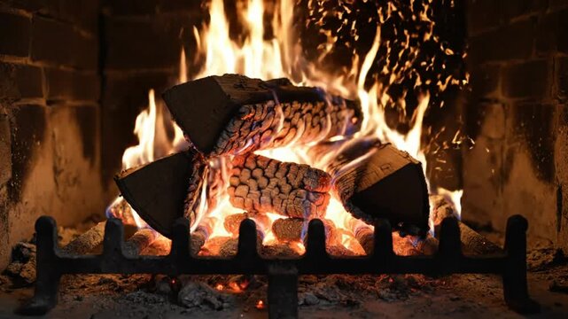 Cozy fireplace with burning logs and crackling flames creating a warm, inviting atmosphere for relaxation