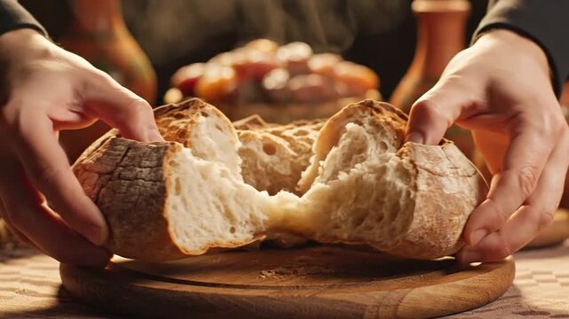 Close-up of hands tearing into a fresh, rustic loaf of sourdough bread on a wooden board. Highlights homemade baking, natural ingredients, wholesome food, and the comfort of sharing a delicious meal.