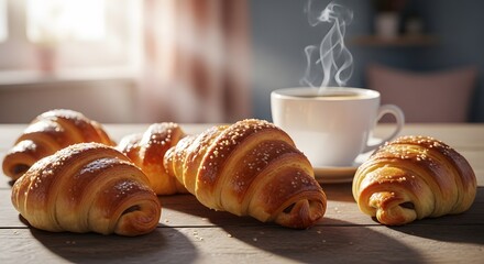 Fresh croissants and steaming coffee on wooden table in morning light