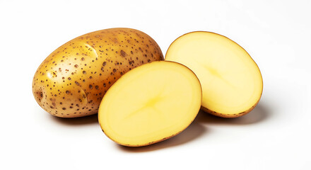 Raw organic potato with sliced halves showing smooth interior on white background