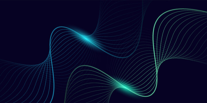 Glowing blue and green wave line on dark technology background.