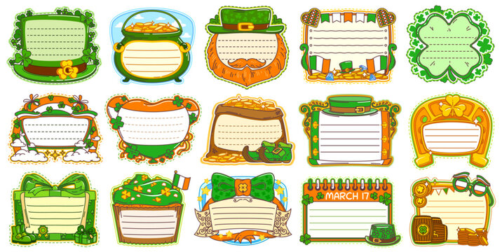 Saint Patrick's day Irish holiday kids memo note frames with cartoon shamrocks, leprechaun hats, bow ties, gold coins, rainbow and cupcakes and gift boxes. Vector set of empty labels and message notes