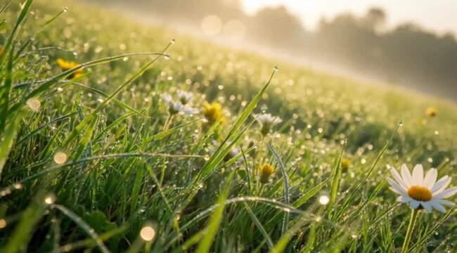 Dew-covered gramineae blades glistening under morning sunlight in a sustainable agriculture and environmental growth concept.