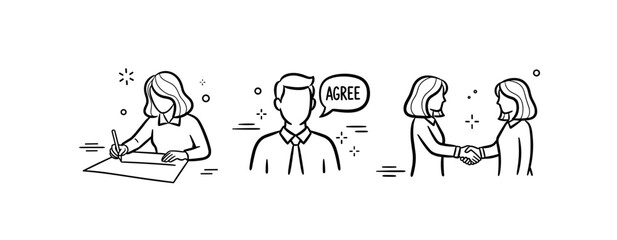 Obraz premium Business agreement process illustration with male and female characters in line art style