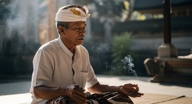 Senior Balinese Man in Traditional White Attire Meditating with Incense Smoke in Temple