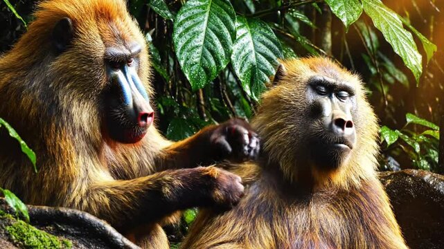 Two Mandrills Grooming Each Other in a Lush Forest Showing Symbiotic Behavior and Social Bonds