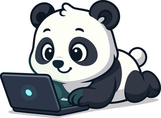 This delightful illustration shows a cute panda lying on its stomach, enthusiastically typing on a laptop, symbolizing engagement in the digital world, great for tech themes. © Shufen