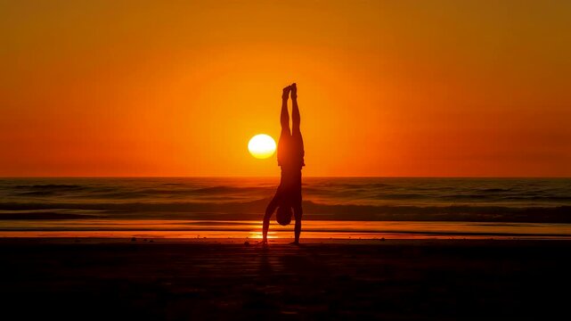 Silhouette of woman practicing yoga on beach at sunset with glowing orange sky and calm ocean horizon