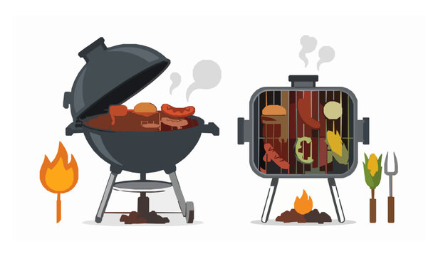 Dual Barbecue Grills Vector Set with Burgers, Hot Dogs, and Vegetables