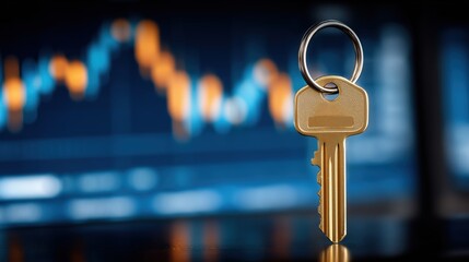 Golden key symbolizing access to financial success and business opportunities, with stock market chart in background. Concept of strategy, growth, investment and solution