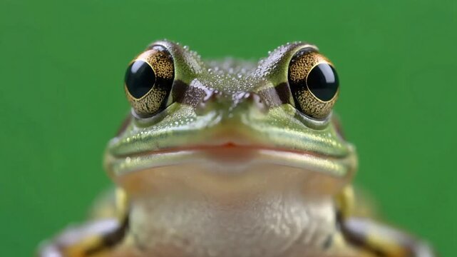 A glass frog stares intensely with its large, golden eyes, covered in tiny water droplets, against a vibrant green background.