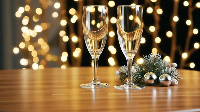 Champagne flutes on wooden table with bokeh lights background for celebratory holiday events and festive new year decorations