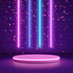 Obraz premium Neon light podium for product display. Studio showroom with confetti falling, perfect for marketing and advertising backdrop.