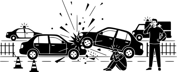 Naklejka premium Car crash scene with emergency services. Black and white vector illustration of a vehicle collision with a police car, ambulance, and distressed person on the road.