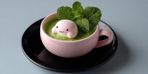 Cute marshmallow character floating in matcha latte cup