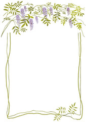 Obraz premium Floral wisteria frame with cascading purple blossoms and green leaves. Elegant botanical border with copy space, perfect for wedding invitations, greeting cards, posters and spring stationery.