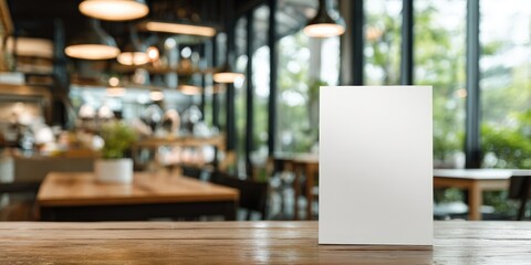 Blank white menu mockup standing on wooden table