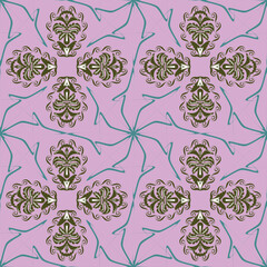 Fototapeta premium A soft decorative pattern with symmetrical green ornamental motifs on a pastel pink background. Suitable for casual fashion fabrics, dresses, scarves, home textiles, packaging, stationery, and modern 
