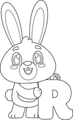 Obraz premium Cute Rabbit Alphabet With Letter R Cartoon Character - Black and White Vector Hand Drawn Illustration Isolated On Transparent Background