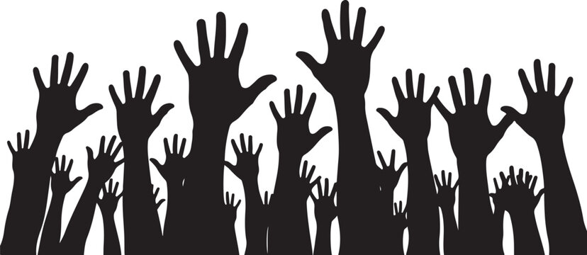 Many hands raised up in the air together silhouette