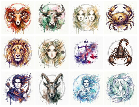 Сollage of the twelve zodiac signs, watercolor and ink wash. Wet-on-wet technique with soft blends, artistic splatters, and drips. For astrology posters, horoscopes, calendars, tarot.