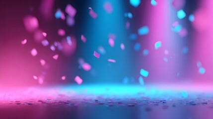 Fototapeta premium Confetti falling on illuminated stage. Pink and blue gradient spotlight background for product display, advertising, or celebration event.