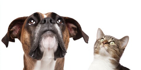Boxer dog and tabby cat looking up together