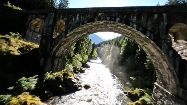 Drone footage of a stone arch bridge over a river surrounded by lush green pine trees in the mountains