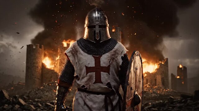 Medieval Crusader Knight Walking Away from Burning Fortress After Battle
