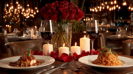 Fototapeta premium Romantic restaurant interior with candlelit table