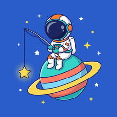 Naklejka premium A whimsical illustration featuring an astronaut fishing for stars whilesitting on a colorful planet, combining elements of fun and spaceexploration in a vibrant way.