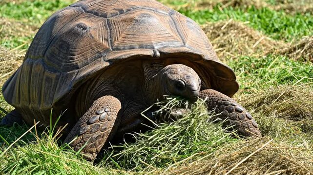 Large brown tortoise eating fresh green grass in a sunny outdoor environment, close up