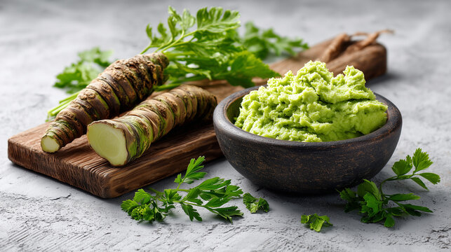 Fresh wasabi root with spicy green paste