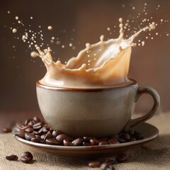 Coffee splashing in cup with roasted whole beans