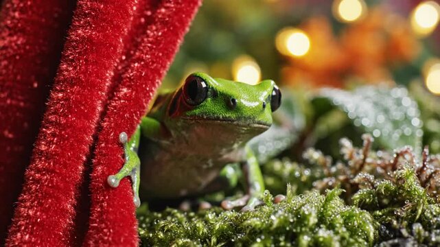 Cute green tree frog peeking out from behind red velvet Christmas decoration with festive lights in the background
