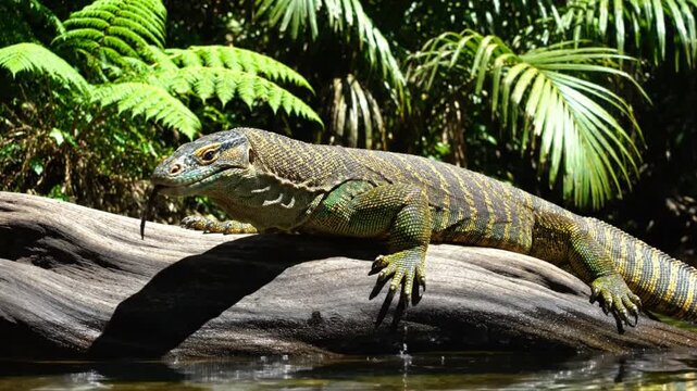 Watch a Lace Monitor Lizard Extending Its Tongue as It Relaxes on a Sunlit Log Beside Water