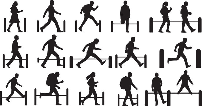 Silhouettes of people running and jumping over obstacles together
