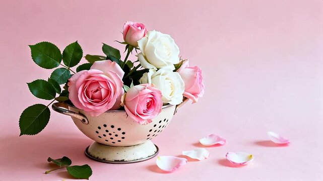 Pink and white roses in colander