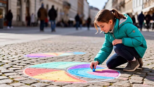 Young girl drawing colorful chalk art on cobblestone