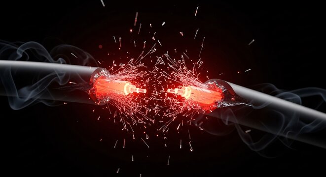 Electrical short circuit with bright sparks and smoke on a dark background.