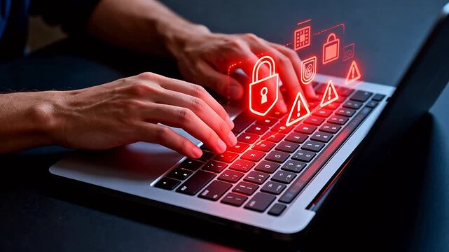 Hands typing on laptop with security icons