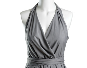 Gray halter dress on a mannequin, front view against a black backdrop