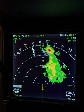 Navigation display of a modern airliner with weather radar returns depicting builds up in green, yellow, red and magenta in flight