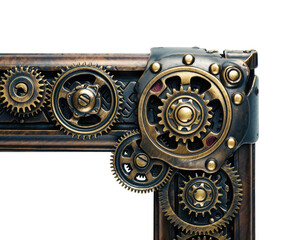 Rustic, ornate corner of a frame, gears and cogs integrated