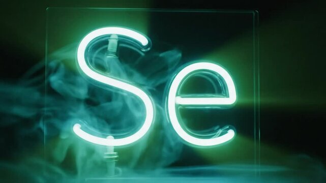 Neon Light Display of the Element Selenium with White and Green Glow on Dark Background